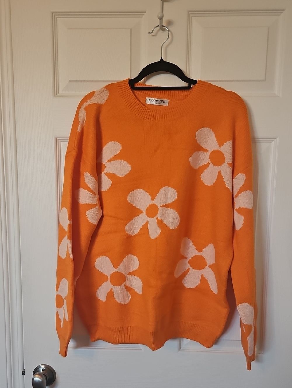 Ecowish Orange Crewneck Sweater with White Daisy Pattern